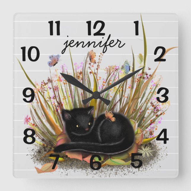 Personalised Black Cat Butterflies Wall Clock (Front)