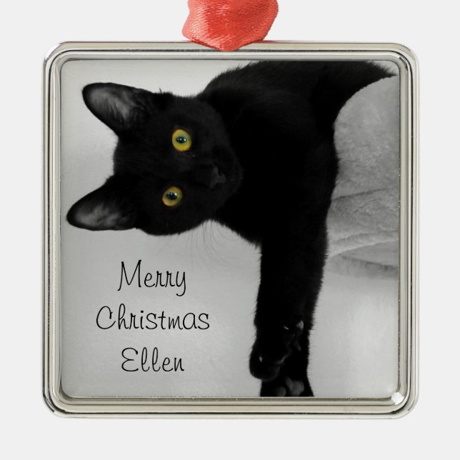 Personalised Black Cat Christmas Metal Tree Decoration (Front)