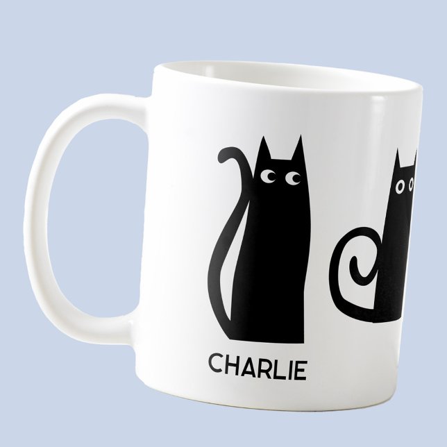 Personalised Black Cat Coffee Mug (Fun and quirky black cat personalized custom name coffee mug)