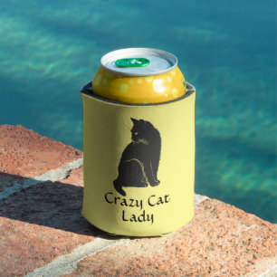 Personalised Black Cat Crazy Cat Lady Yellow Can Cooler