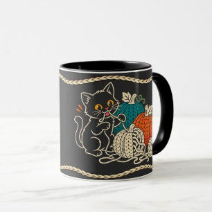 Personalised Black Cat Crochet Pumpkins Halloween Mug