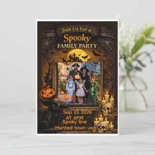 Personalised Black Cat Halloween Family Photo Fram Invitation
