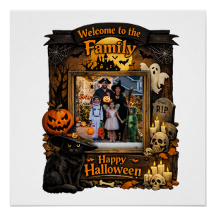 Personalised Black Cat Halloween Family Photo Fram Poster