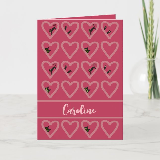 Personalised Black Cat Hearts Cute Valentines Day Holiday Card (Front)