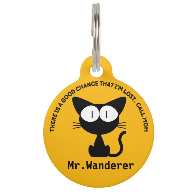 Personalised Black Cat ID tag with Phone, Address (Front)