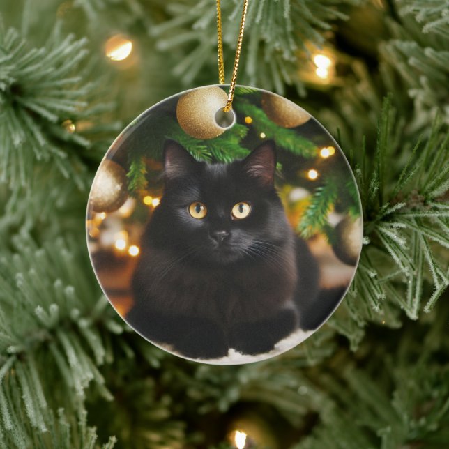 Personalised Black Cat in Front of Christmas Tree Ceramic Tree Decoration (Tree)