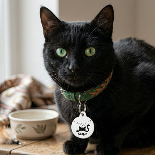 Personalised Black Cat Paw Print Name Round Custom Pet Tag