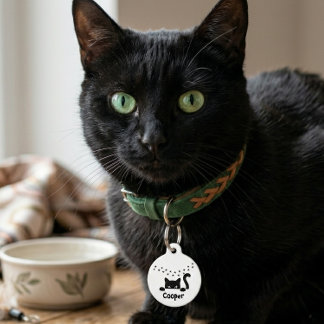 Personalised Black Cat Paw Print Name Round Custom Pet Tag
