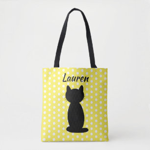 Personalised Black Cat Silhouette Polka Dots Tote Bag
