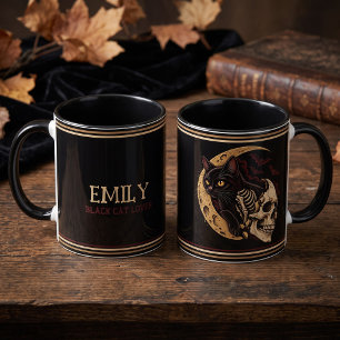 Personalised Black Cat Skeleton Skull Halloween Mug