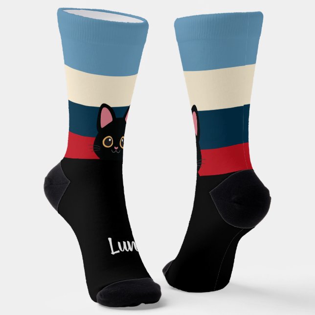 Personalised Black Cat Socks Custom Name Colour (Angled)