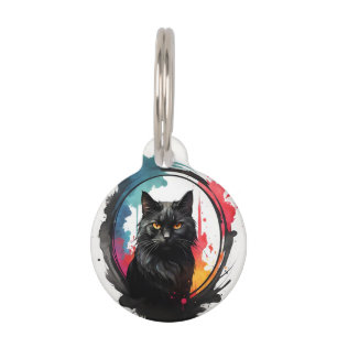 Personalised Black Cat Splatter Art Portrait Round Pet Tag