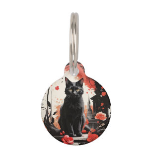 Personalised Black Cat Splatter Art Red Flowers  Pet Tag