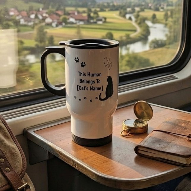 Personalised Black Cat Travel Mug (Personalized travel mug for cat owners)