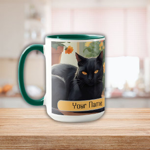 Personalised Black cat with potted flowers Mug