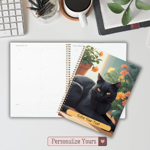 Personalised Black cat with potted flowers Planner