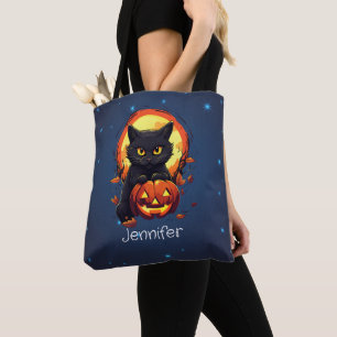 Personalised Black Cat with Pumpkin Halloween Tote Bag