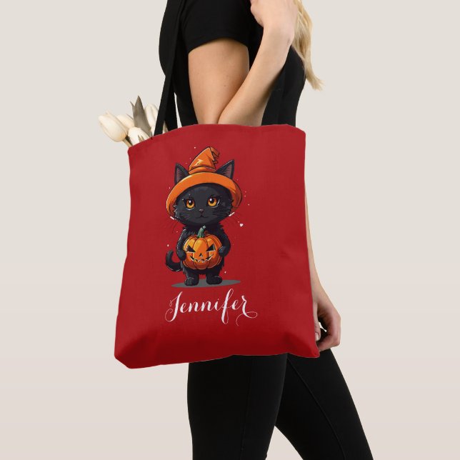 Personalised Black Cat with Pumpkin Halloween Tote Bag (Close Up)