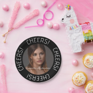 Personalised Black Cheers Photo Name Script Paper Plate