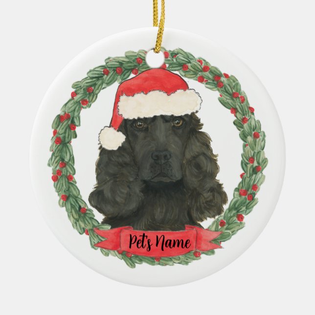 Personalised Black Cocker Spaniel Christmas Ceramic Tree Decoration (Front)
