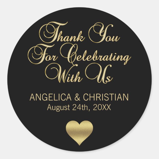 Personalised Black Colour Gold Thank You Wedding Classic Round Sticker (Front)