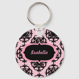 Personalised Black Damask on Pink Keychain