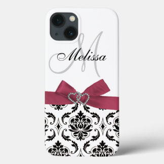 Personalised Black Damask Pink Bow Diamond Hearts iPhone 13 Case