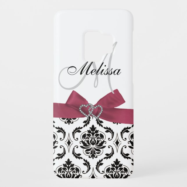 Personalised Black Damask Pink Bow Diamond Hearts Case-Mate Samsung Galaxy Case (Back)