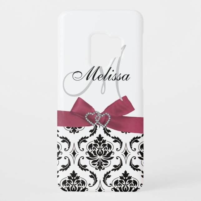 Personalised Black Damask Pink Bow Diamond Hearts Case-Mate Samsung Galaxy Case (Back)