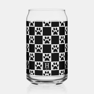 Personalised Black Dog Paw Print Chequered Pattern Can Glass