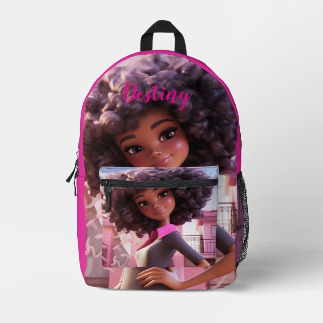 Personalised Black doll  Printed Backpack (Front)