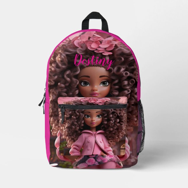 Personalised Black doll  Printed Backpack (Front)