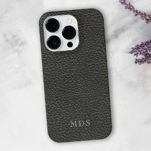 Personalised Black Faux Leather Look Monogram iPhone 15 Pro Case