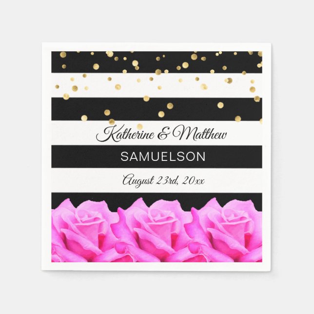 Personalised Black Floral Pink Roses Gold Wedding Napkin (Front)