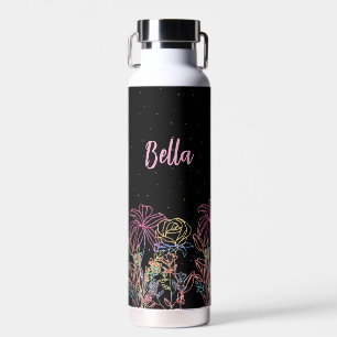 Personalised Black Floral & Starry Night Stainless Water Bottle