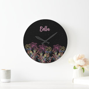 Personalised Black Floral & Starry Night Wall Cloc Large Clock