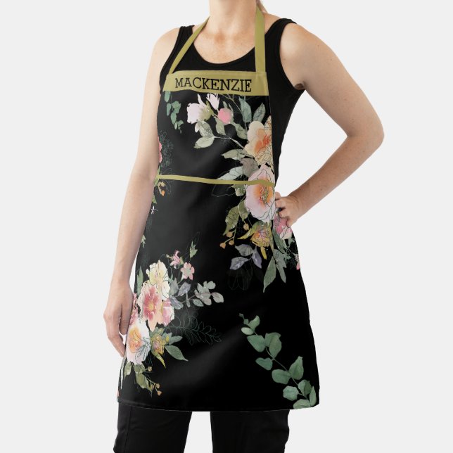 Personalised Black Floral Women's  Apron (Insitu)