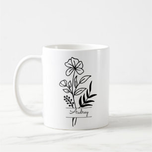 Personalised Black Flower Illustrated With Name Coffee Mug
