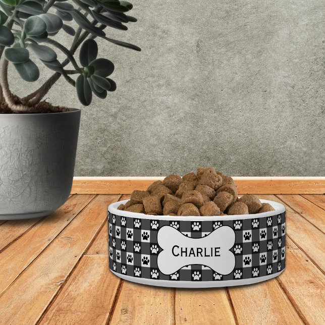 Personalised Black Gingham with Paw Prints Bone Bowl (Creator Uploaded)