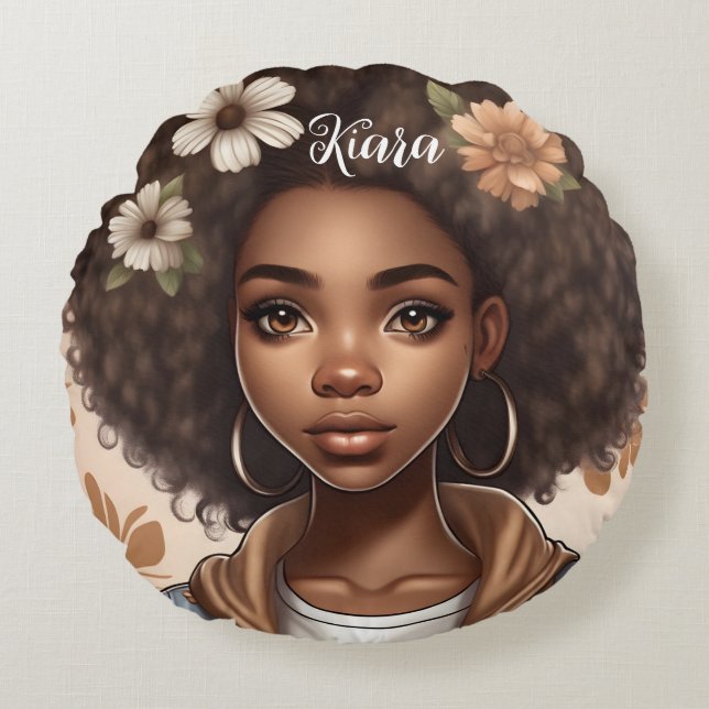 Personalised Black girl round Pillow (Front)
