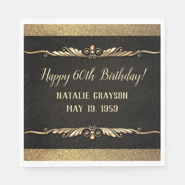 Personalised Black Glam & Gold Birthday Party Napkin (Front)