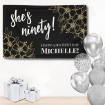 Personalised Black Gold 90th Birthday Party Banner<br><div class="desc">Fifty Black Gold 50th Birthday Party Banner: Make a statement at your event with this stylish 90th birthday banner. Featuring a sophisticated black background adorned with gold flowers, this banner combines classic serif fonts and script typography in white to create a chic look. The text can be personalised to highlight...</div>