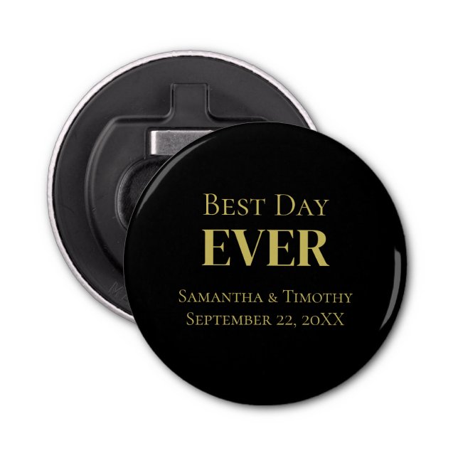 Personalised Black Gold Best Day Ever Wedding Bottle Opener (Front)