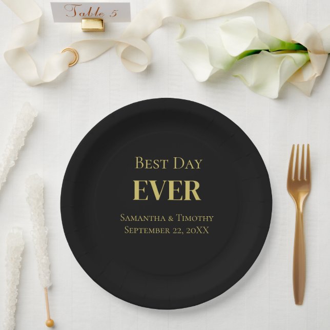 Personalised Black Gold Best Day Ever Wedding Paper Plate (Wedding)