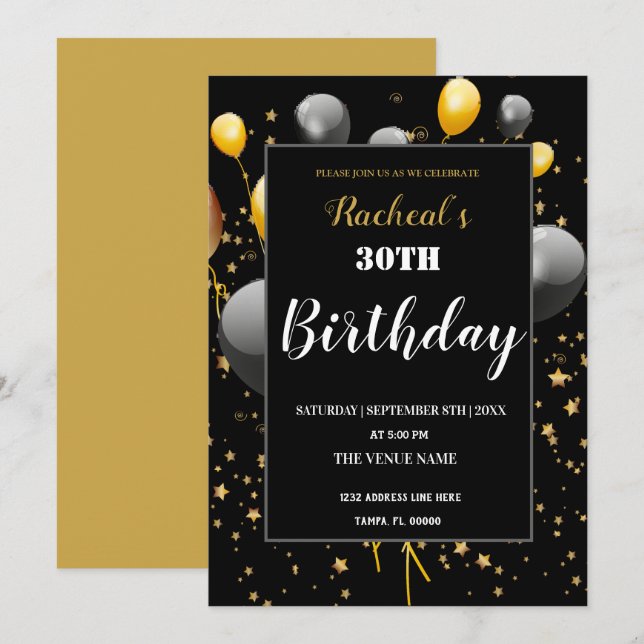 Personalised Black & Gold Birthday Invitation (Front/Back)
