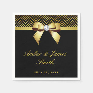 Personalised Black Gold Chevrons Bow Wedding Napkin
