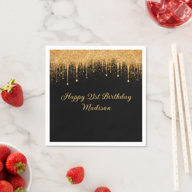 Personalised Black Gold Dripping Glitter Birthday Napkin (Insitu)