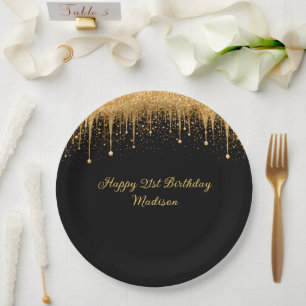 Personalised Black Gold Dripping Glitter Birthday Paper Plate