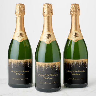 Personalised Black Gold Dripping Glitter Birthday Sparkling Wine Label