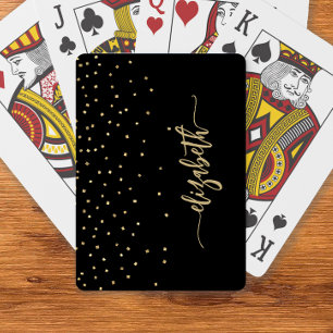 Personalised Black Gold Elegant Script Confetti Playing Cards
